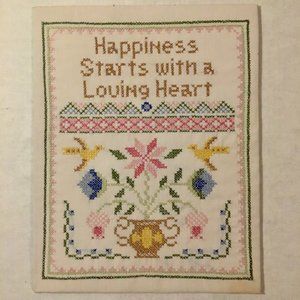 Vintage Cross Stitch Embroidery Piece Happiness Starts With A Loving Heart Birds